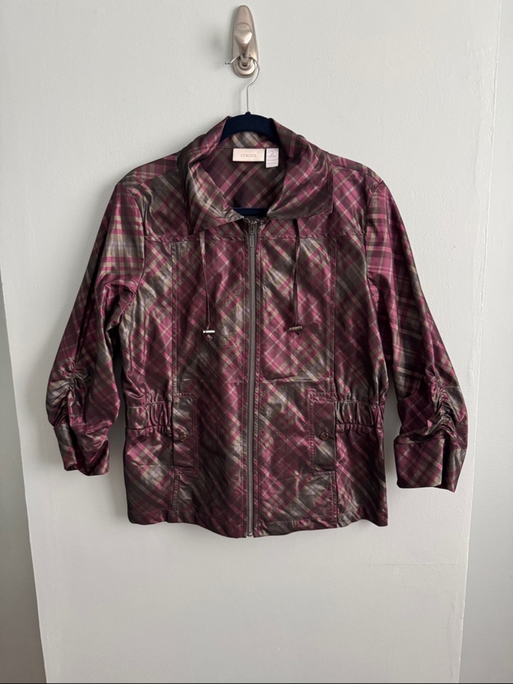 Chico's Plaid Jacket in Plum and Olive